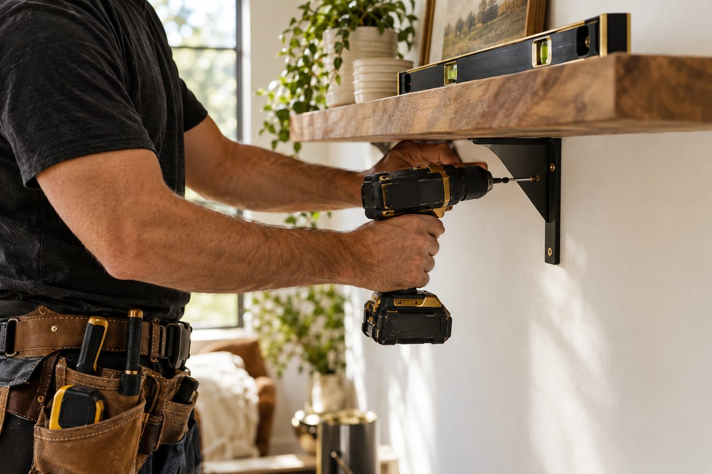Handyman at work with a cordless drill and level